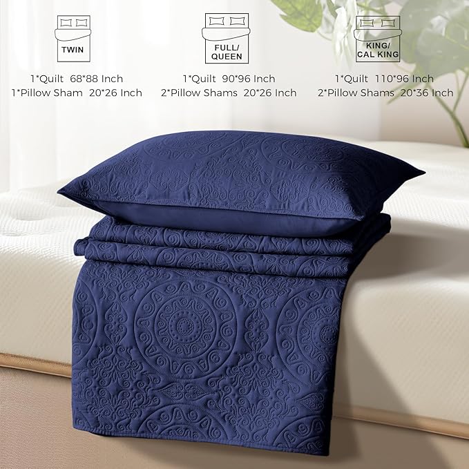 WURUIBO Navy Blue Quilt Set Queen Size, Embossing Microfiber Full Bedspreads - Image 7