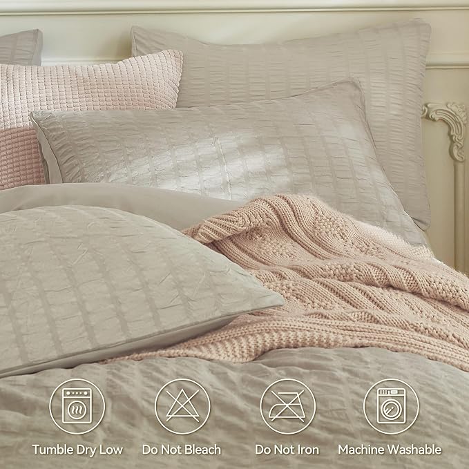 JELLYMONI Light Khaki Duvet Cover Twin Size, Soft Breathable Seersucker Duvet - Image 4