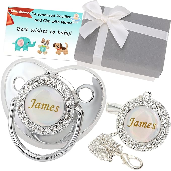 Personalized Pacifier and Pacifier Clip with Name, Bling Gold Pacifier Clip Set with Gift Box Greeting Card, Glitter Crystal Luxurious Dummy Ideal Gift for Boys Baby Shower Newborn Photography(Silver)