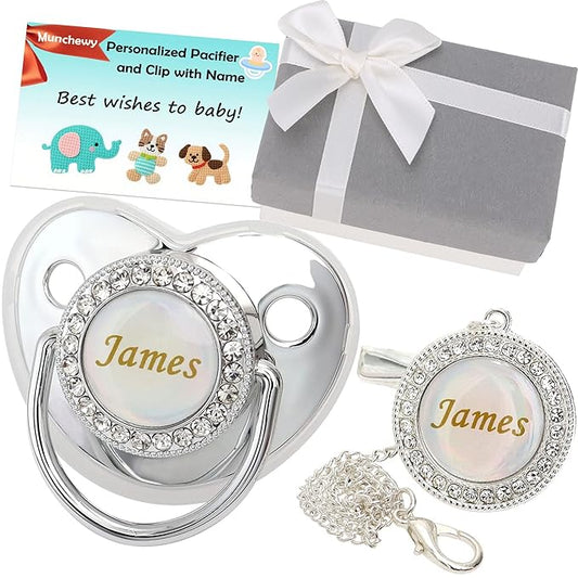 Personalized Pacifier and Pacifier Clip with Name, Bling Gold Pacifier Clip Set with Gift Box Greeting Card, Glitter Crystal Luxurious Dummy Ideal Gift for Boys Baby Shower Newborn Photography(Silver)