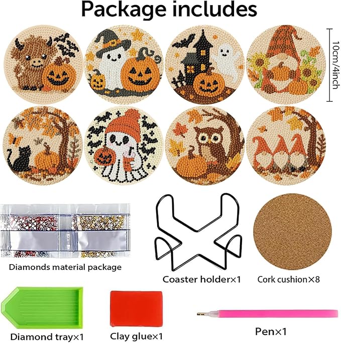 8 PCS Halloween Diamond Art Coasters Kits Cute Diamond Painting Coaster | - Image 2