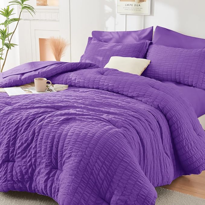 HYMOKEGE Bright Purple Twin Comforter Set Seersucker 5 Pieces, All Season by HYMOKEGE