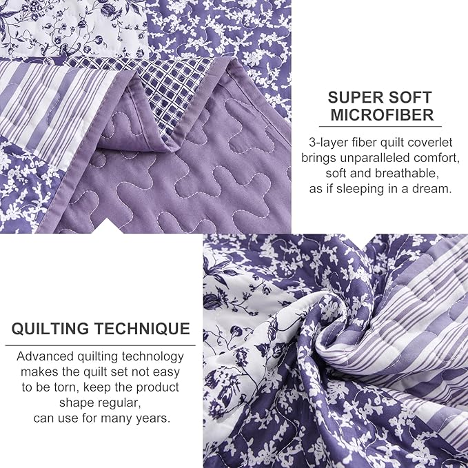 Mybedsoul Purple Quilt Set California King Size, 3 Pieces Boho Plaid Floral - Image 4