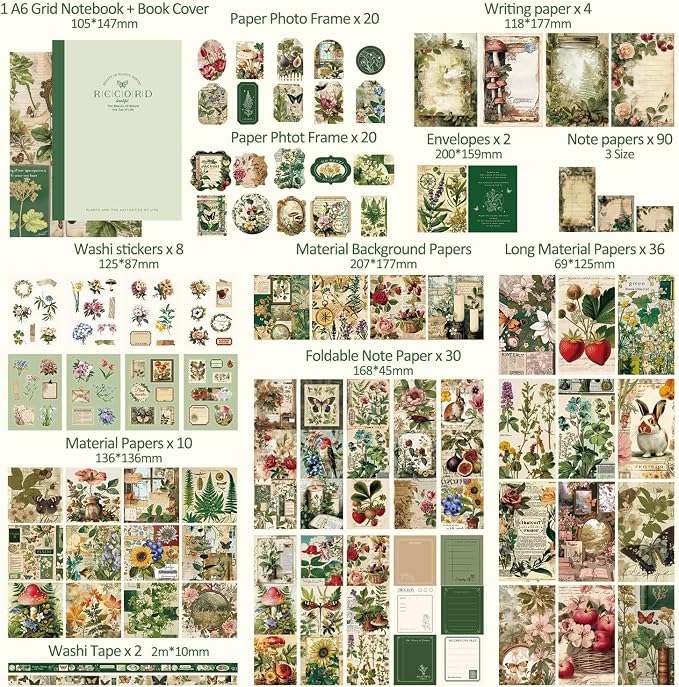 Scrapbooking Supplies Kit, Vintage Botanical Aesthetic Scrapbook Kit - Image 4
