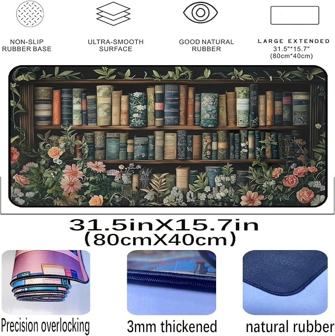 Flower Book Desk Mat, Colorful Mousepad XXL, Large Vintage Game Pad, Computer - Image 2