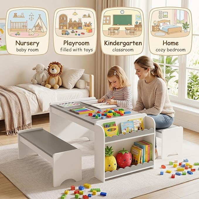 Kids Table and Bench Set, Montessori Kids Table and Chair Set, Indoor Wooden - Image 3
