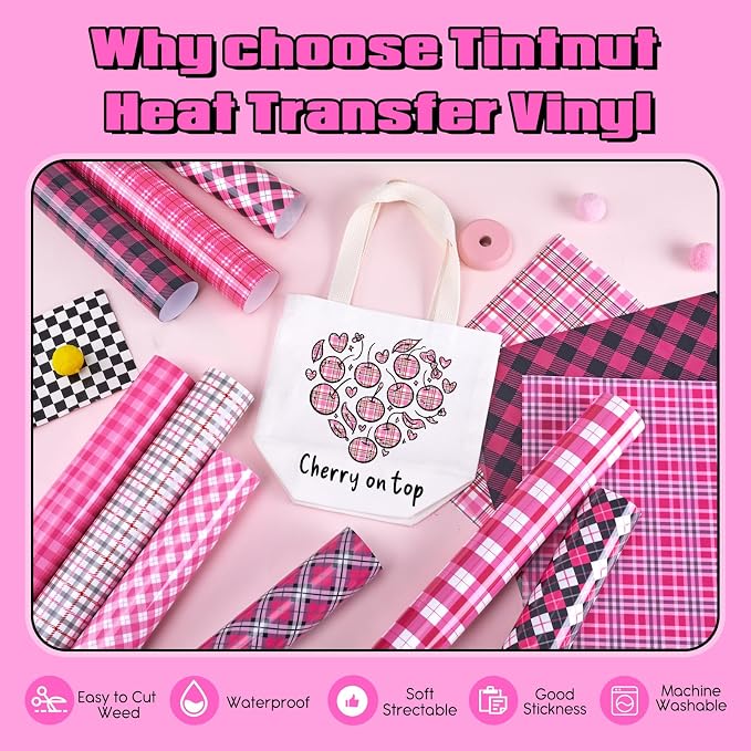 Tintnut Black Pink Plaid Heat Transfer Vinyl, PU HTV Sheets, easy cut & weed - Image 4