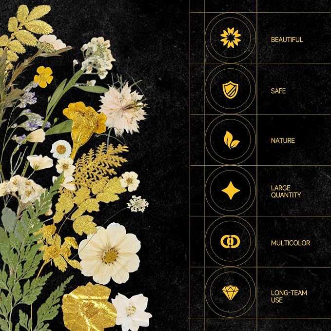 85 Pcs Dried Flowers for Crafts | Real Natural Dried Pressed Flowers in Golden - Image 2