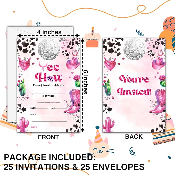 Cowgirl Birthday Invitations, 25 Double-Sided Invitation Cards - Image 2