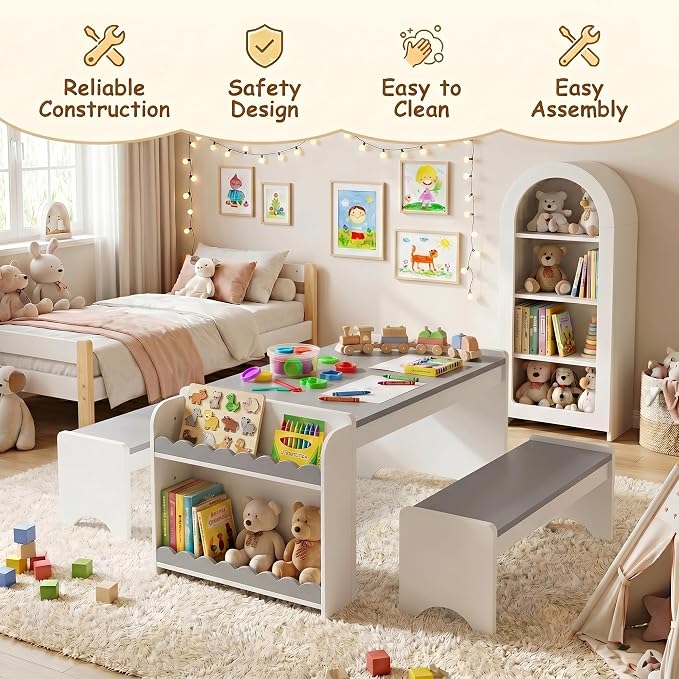 Kids Table and Bench Set, Montessori Kids Table and Chair Set, Indoor Wooden - Image 4
