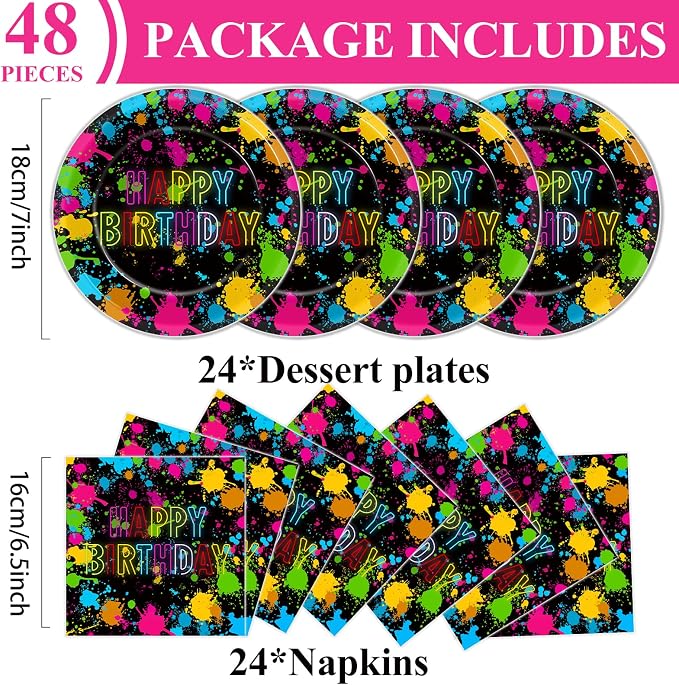48Pcs Neon Glow in the Dark Paper Plates and Napkins Neon Birthday Party - Image 2