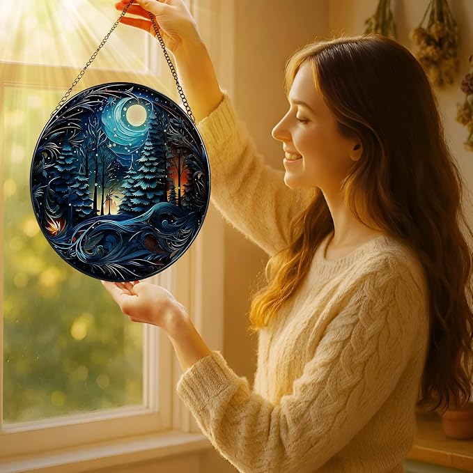 8-Inch Starry Night Forest Suncatcher Ornament, Stained Glass Window Hanging & - Image 2