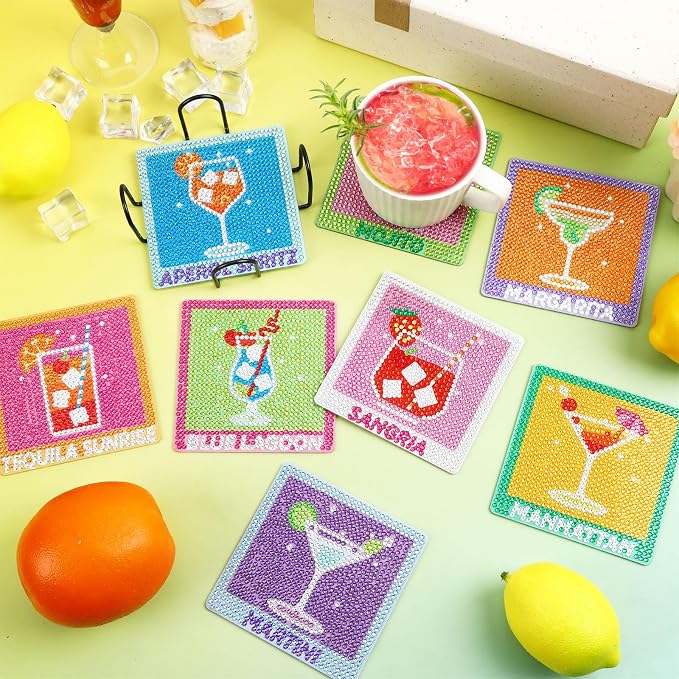 UPINS 8Pcs Cocktail Diamond Art Coasters, Summer Beach Diamond Art Coasters - Image 5
