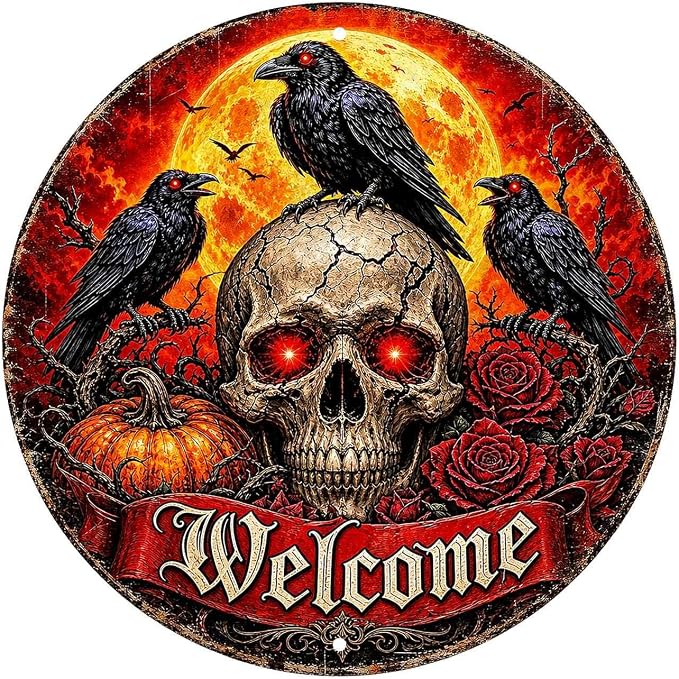 Skull Raven Halloween Metal Tin Sign Round Wall Decor Red Eyes Blood Moon Rose by Unknown