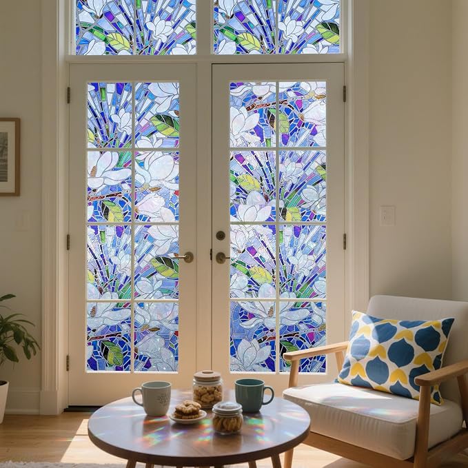 DKTIE Magnolia Pattern Stained Glass Window Film Floral Decorative Window - Image 2