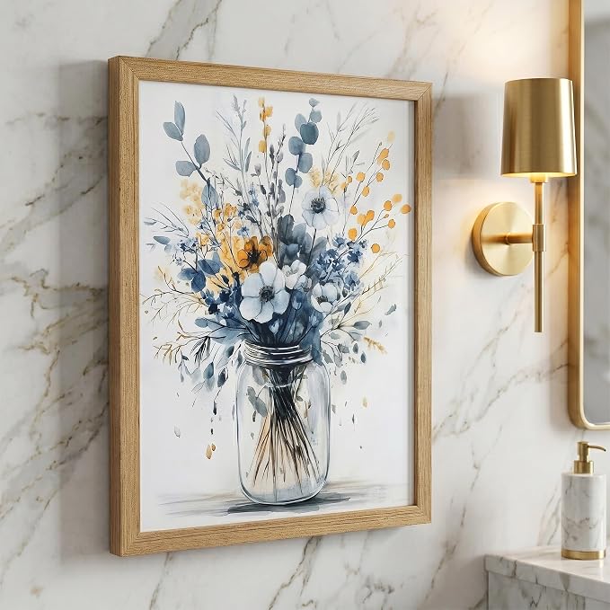 REWBKFIM Navy Blue Floral Canvas Wall Art Watercolor Botanical Bouquet in Mason - Image 3