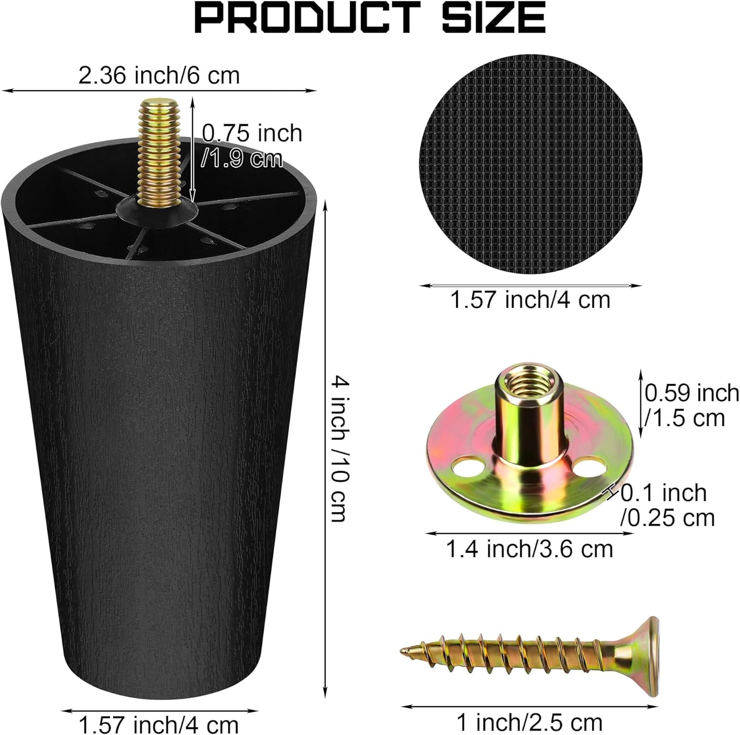 TURSTIN 8 Pack 4 Inch Plastic Furniture Legs with M8 T-Nuts Screws Tapered Sofa Couch and Chair Legs Replacement Furniture Legs for DIY Projects Sofas Coffee Tables Dressers Beds