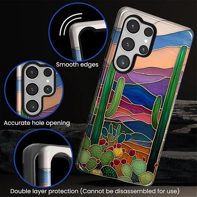 for Samsung Galaxy S25 Ultra Case, Stained Glass Cactus Pattern Glossy 2 in 1 - Image 5
