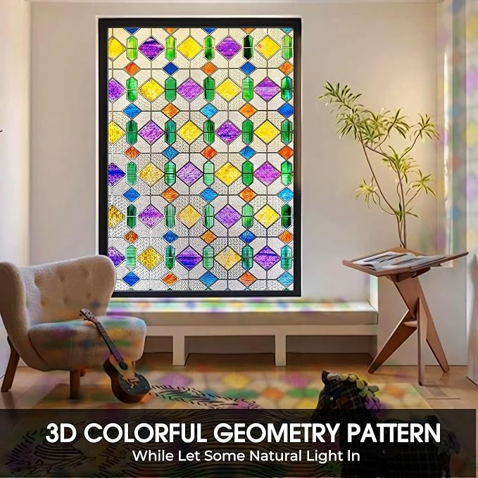 Windimiley Stained Glass Window Privacy Film:3D Colorful Geometric Decorative - Image 2