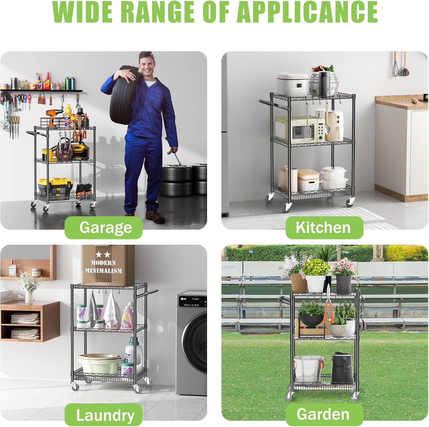 Metal Steel Wire Cart with Wheels, 3 Shelf Rolling Cart, Kitchen Trolley with Handle Bar&Shelf Liner, Commercial Grade Mobile Storage Cart for Kitchen, Living Room, Laundry, Grocery