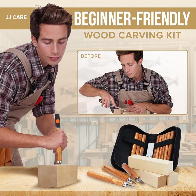 JJ CARE Wood Carving Kit, 10 Basswood Blocks, 1 Grinding Stone & Storage Case - Image 2