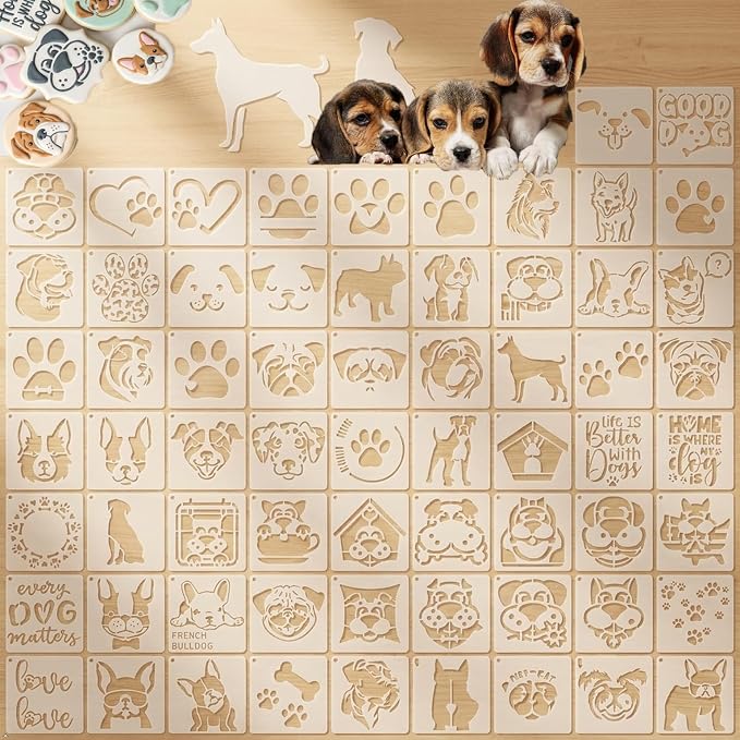 65-Pack Dog Theme Reusable Stencils, 3x3 Inch Painting Templates by Unknown
