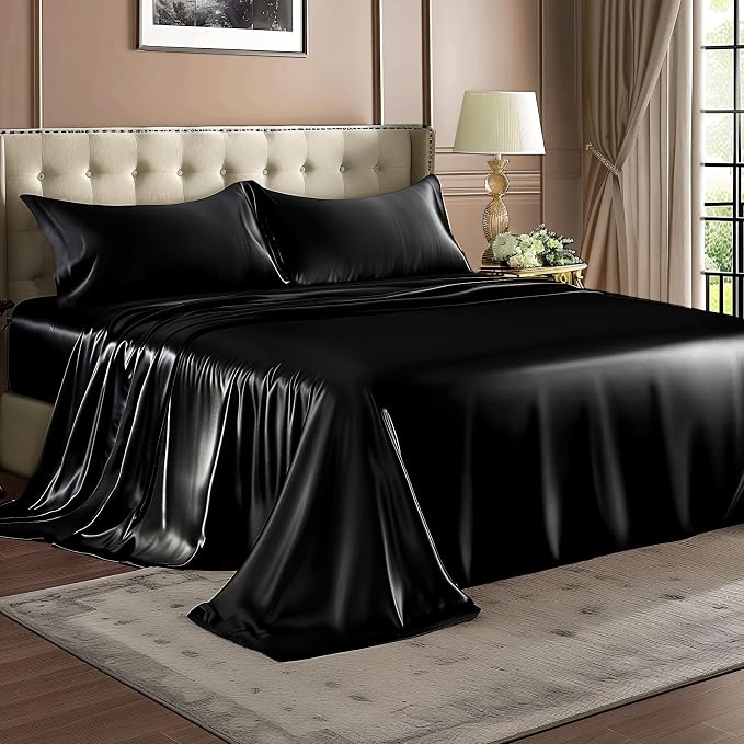 BEDELITE Satin Sheets Twin Size Bed Set, Luxury Soft Black Silky Sheets - Image 8