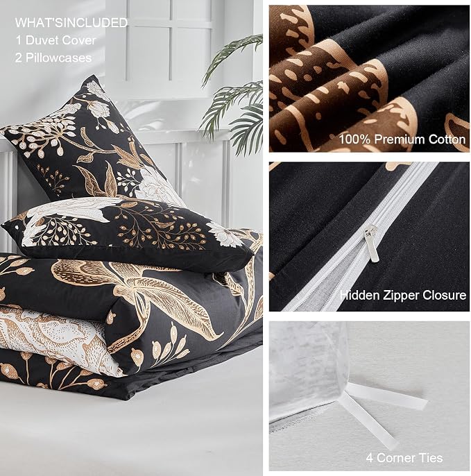 mixinni Black Floral Duvet Cover Twin XL Size, 3 Pieces Garden Style Botanical - Image 6
