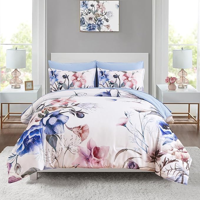 Luxudecor Floral Comforter Set Full Size 7 Piece, Elegant Floral Comforter by Luxudecor