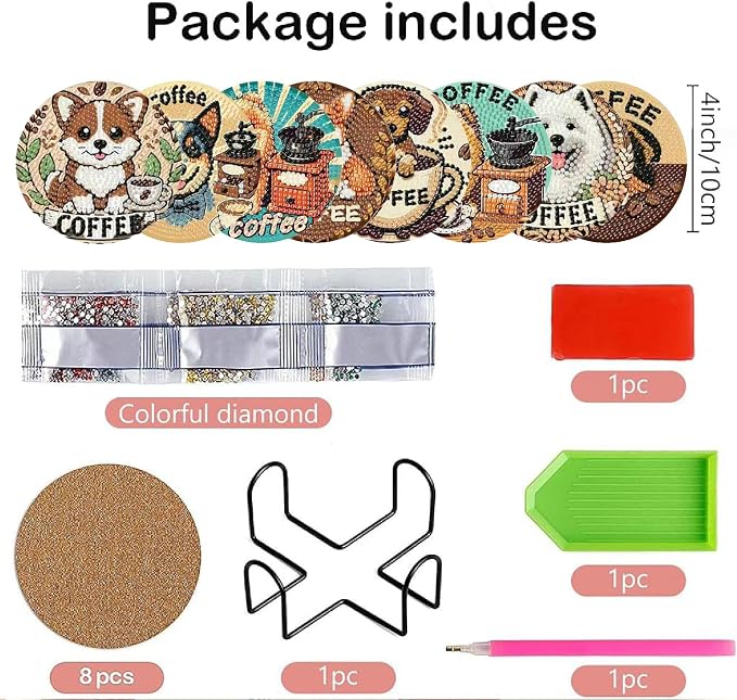 Clendo 8 PCS Coffee Dog Diamond Art Coaster Kits - Image 2