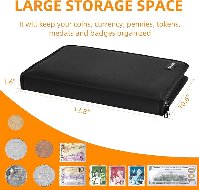 400-Pocket Fireproof Coin Collection Book & 36 Paper Money Organizer Binder | - Image 4