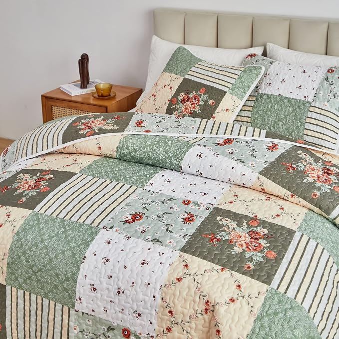 Patchwork Quilt Set Full/Queen Size, 3 Pieces Green Floral Plaid Summer - Image 4