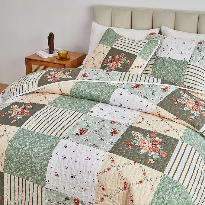 Patchwork Quilt Set King Size, 3 Pieces Green Floral Plaid Summer Bedspread - Image 4