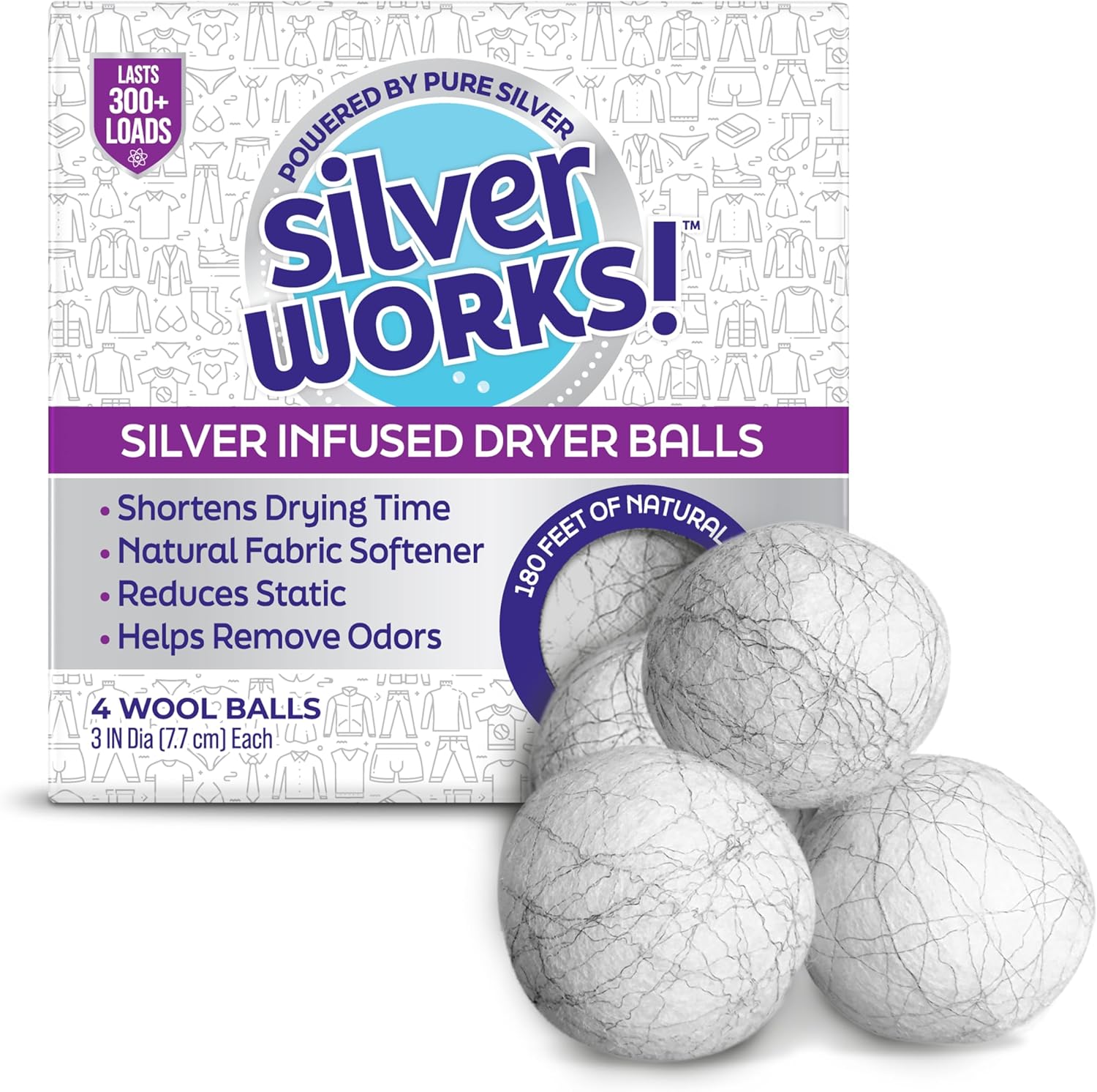 Wool Dryer Balls Laundry Reusable - Odor Eliminating Dryer Laundry Balls with Silver Technology - Natural Fabric Softener and Static Reducer, Reduce Drying Time and Energy Costs - 4 Pack