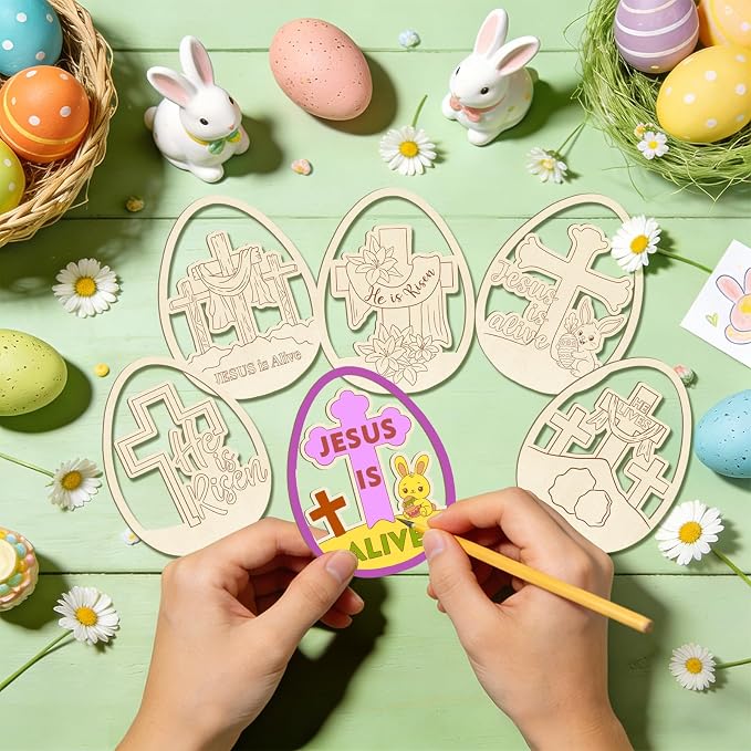 36PCS Wooden Easter Ornaments to Paint, Christian DIY Blank Unfinished Wood Egg - Image 7