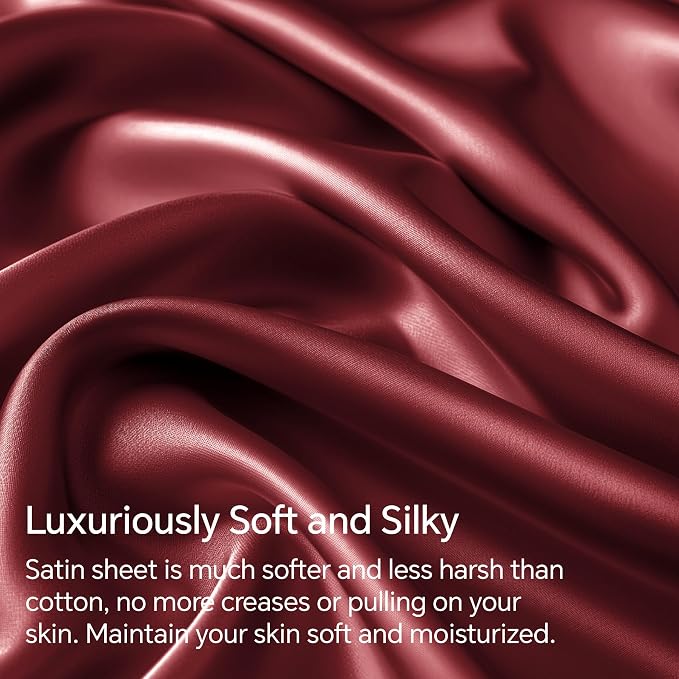 BEDELITE Satin Sheets Twin XL Size Bed Set, Luxury Soft Burgundy Silky Sheets - Image 3