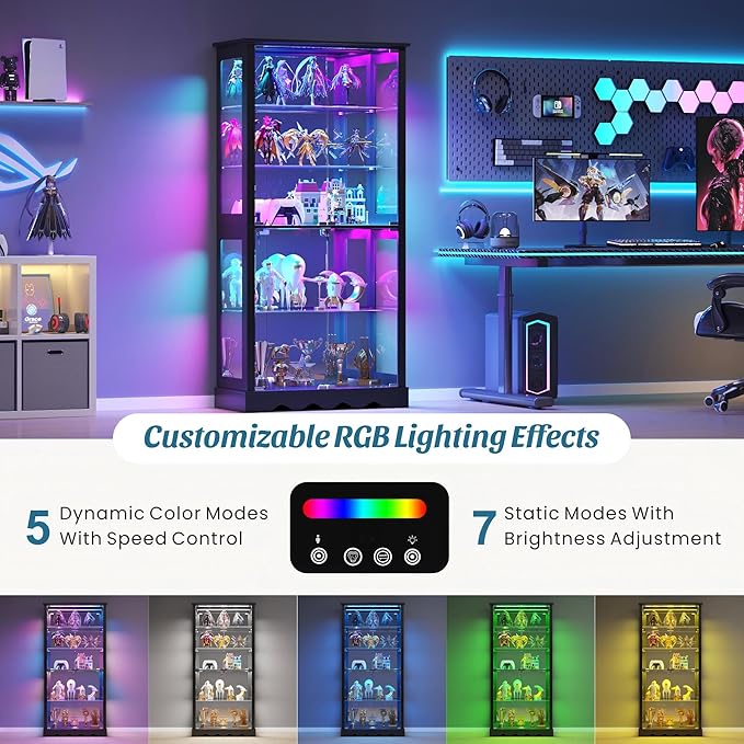 Dystler Display Cabinet with RGB LED Lights & Glass Doors, Flexible Storage - Image 3