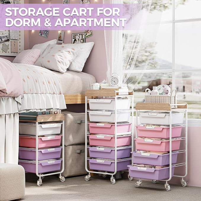 SYKIARIOL Utility Cart with 5 Labeling Drawers and Wooden Tabletop – Rolling - Image 7