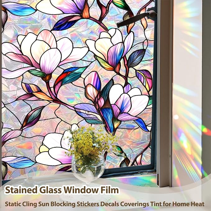 Rainbow Magnolia Stained Glass Window Privacy Film 17.5"x78.7" | Static - Image 6