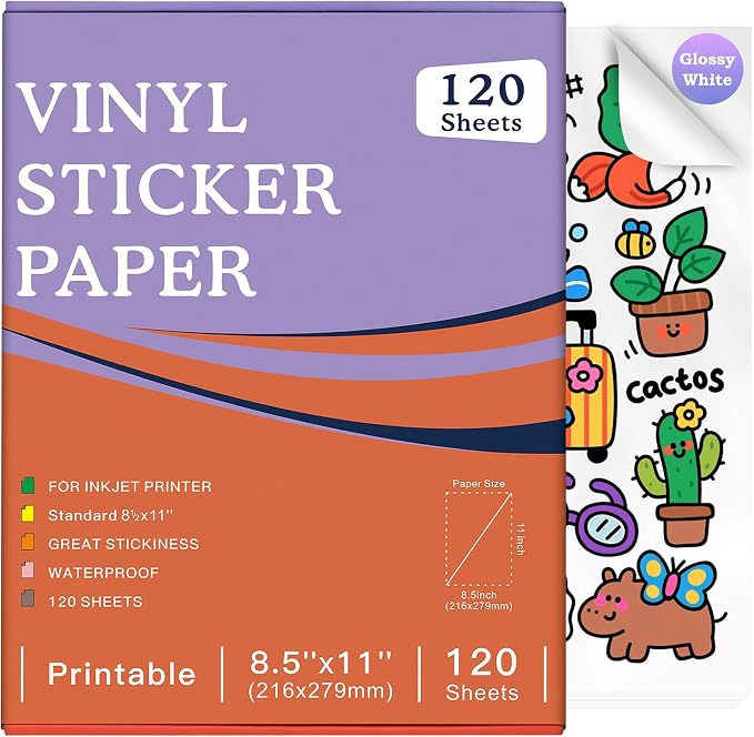Aevdor 120-Sheet Glossy White Printable Vinyl Sticker Paper, Inkjet | Glossy by Aevdor