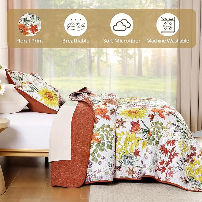Yiran Fall Floral Quilt Set King Size, 3 Pieces Soft Lightweight Microfiber - Image 6