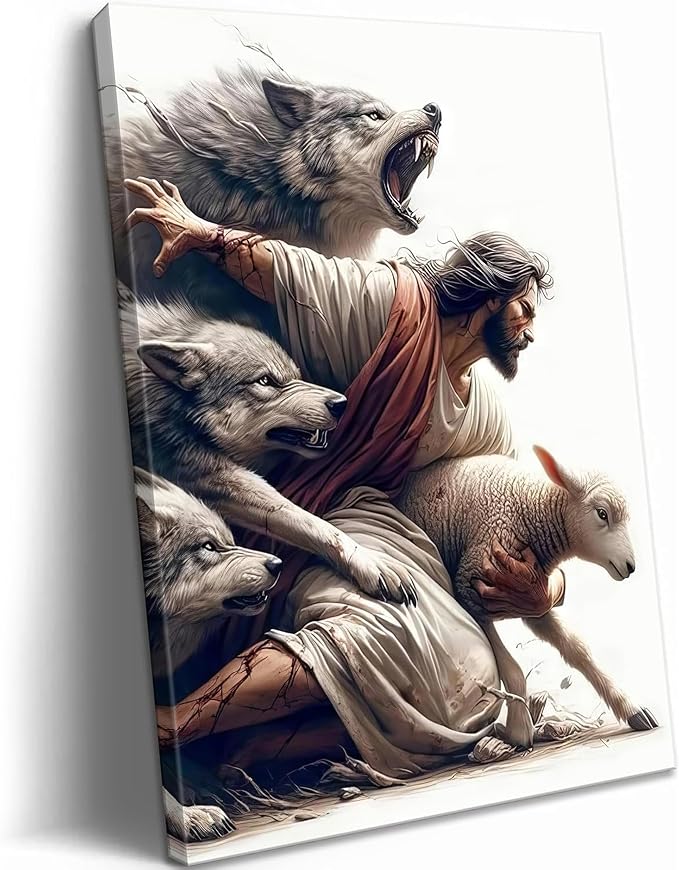 Framed Jesus and Lamb Canvas Wall Art by Unknown