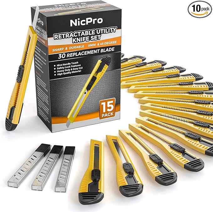 Nicpro 15 PCS Utility Knife Box Cutters Retractable Razor Knife 9mm by Nicpro