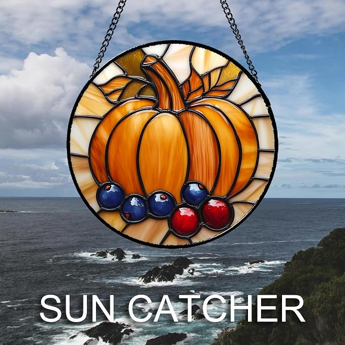 DASTOLL Stained Glass Window Hanging Fall Pumpkin Berries Large 15" - Image 2