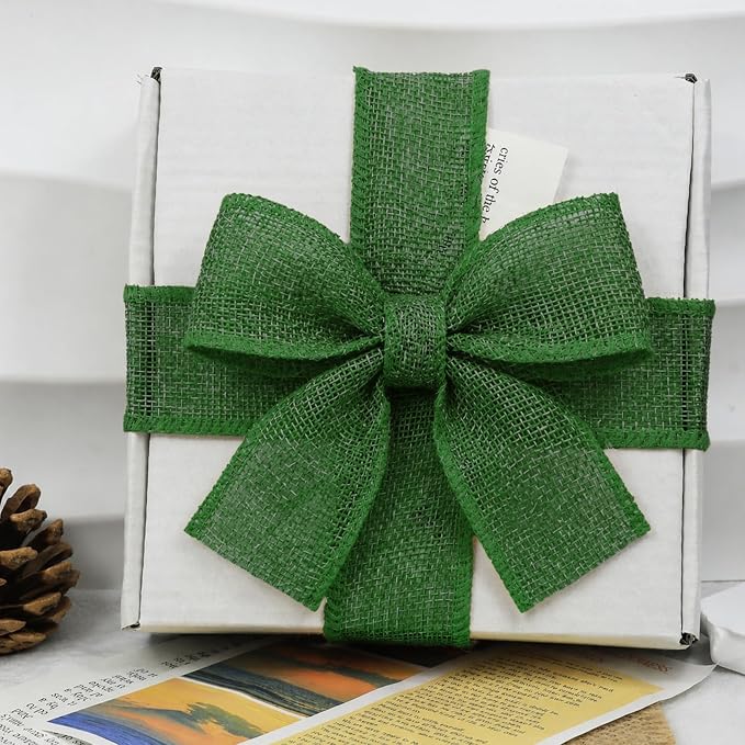 Green Burlap Ribbon 1-1/2 inch X 10 Yard Green Linen Wired Ribbon | Natural - Image 5
