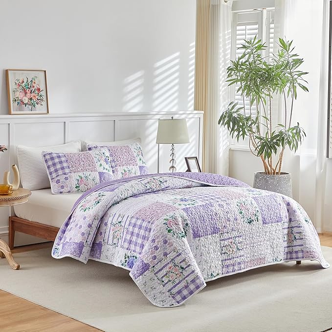 Joyreap 3 Pieces Floral Quilt Set Queen, Patchwork Purple n Pink Flowers Design - Image 2