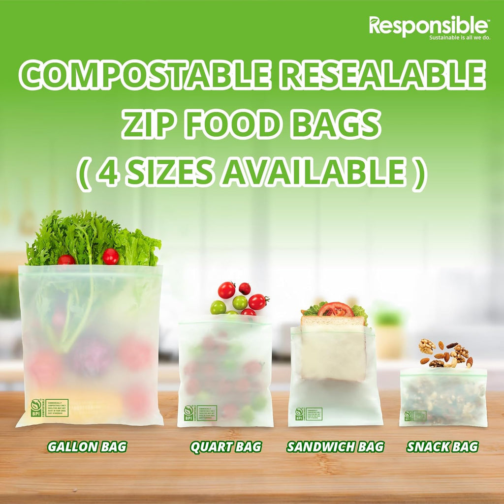 Responsible Products Certified Compostable SANDWICH Resealable Zip Bag, Extra Strength Food Bags, Made from Plant Materials (136 Pack)