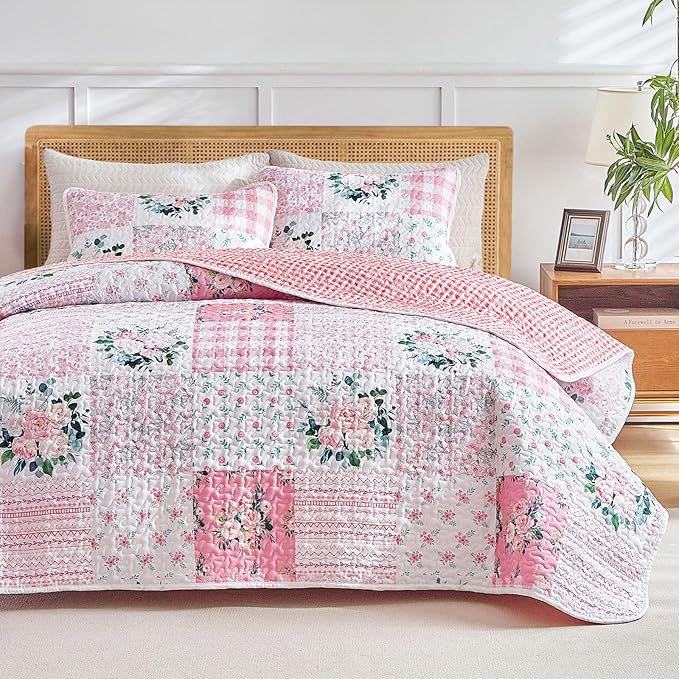Joyreap 3 Pieces Floral Patchwork Quilt Set Queen, Soft n Cozy Microfiber Quilt - Image 3