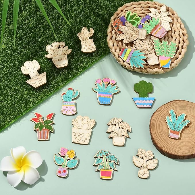 100 pcs Mixed Styles Cactus Potted Theme Unfinished Wood Cutout Charms Tropical - Image 4