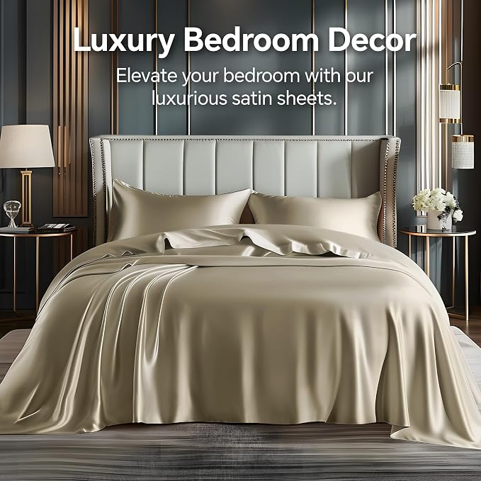 BEDELITE Satin Sheets Queen Size Bed Set, Luxury Soft Taupe Silky Sheets - Image 2